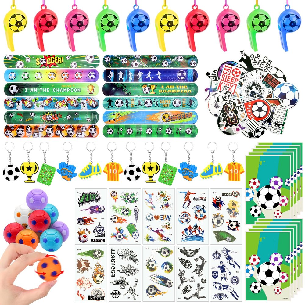 114 Pcs Soccer Party Favors, Soccer Birthday Party Supplies Goodie Bags with Whistle, Slap Bracelet, Spinning Ball, Keychain Tattoo Sticker for Kids Birthday Gift, Team Celebration Pinata Filler Decor