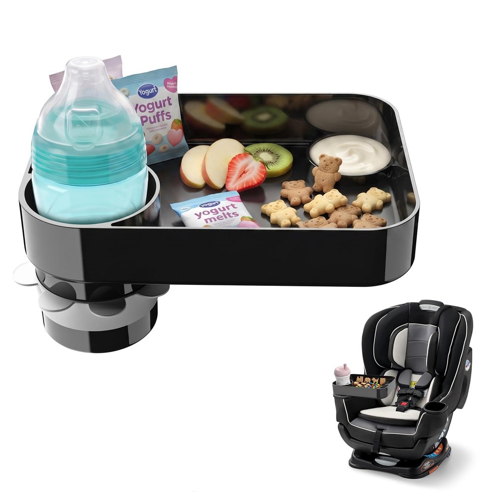 Car Seat Snack Tray for Toddlers, Square Mess-Free Car Seat Tray with Cup Holder & Dip Compartment, Travel Tray for Kids Snacks, Drinks, Fits Most Car Safety Seats (1, Black)