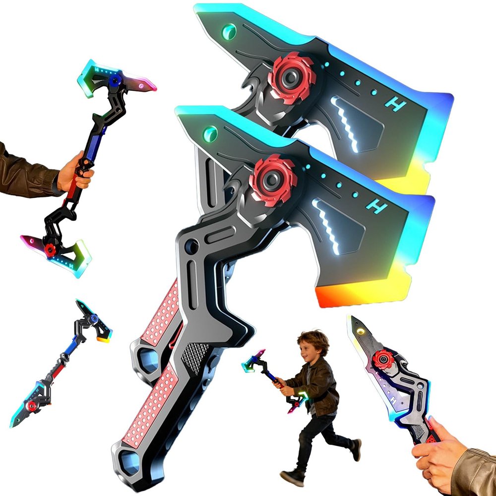 2026 New Dual Axe Blade Interstellar Spark Battle Blade, Dual Mode LED Light Blades 7 Color Change with Mist Spray, One Button Switch Combine Design USB Rechargeable Cosplay Toy (Red*2)