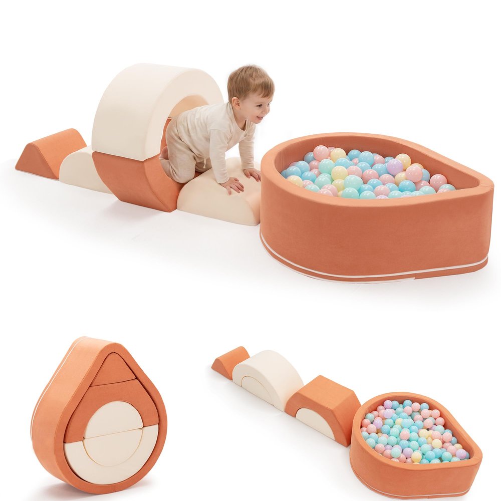 Aunekiv Toddler Climbing Toys with Ball Pit, 6-Piece Baby Foam Climbing Blocks, Indoor Soft Play Set for Crawling, Climbing, Balance & Creative Play, Orange, Balls Not Included
