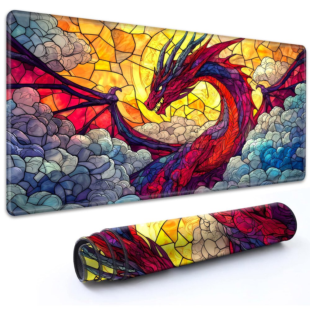 RMJKXQZG MTG Playmat 35.5" x 19.7" with High Elastic Rubber Base Non-Slip Rubber HD Fade-Resistant Printing Durable TCG Gaming for Card Games Desk Mat & Mouse Pad, Stained Glass Red Dragon
