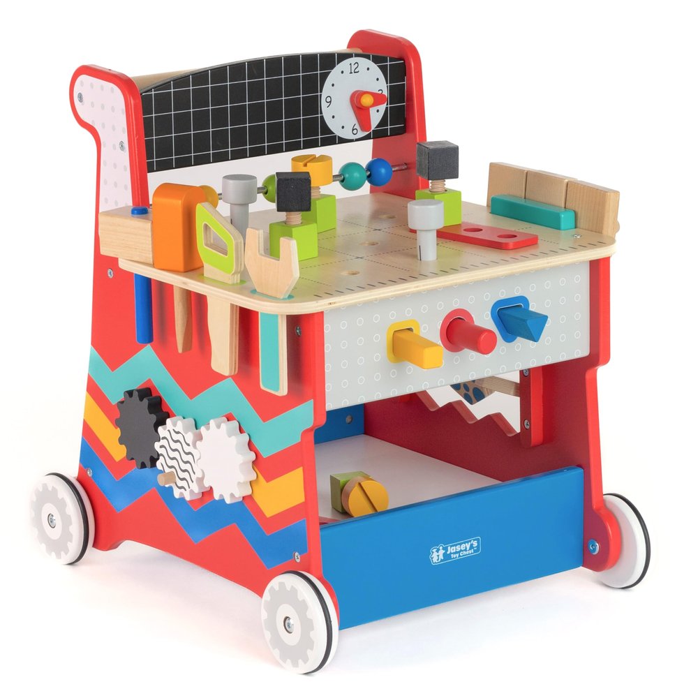 Jaseys Toy Chest On-the-Go Wooden Workbench | 23-Piece Portable Pretend Play Tool Set with Hammer, Screws, Wrench, & More | Construction Toy for Toddlers Ages 12+ Months