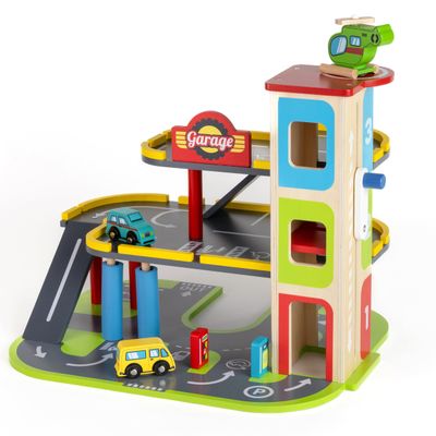 Jasey's Toy Chest Wooden Busy Wheels Garage Playset | 3-Level Wooden Garage with Elevator, Car Wash, Gas Station & Helipad + 2 Cars & 1 Helicopter | for Toddlers Ages 3+