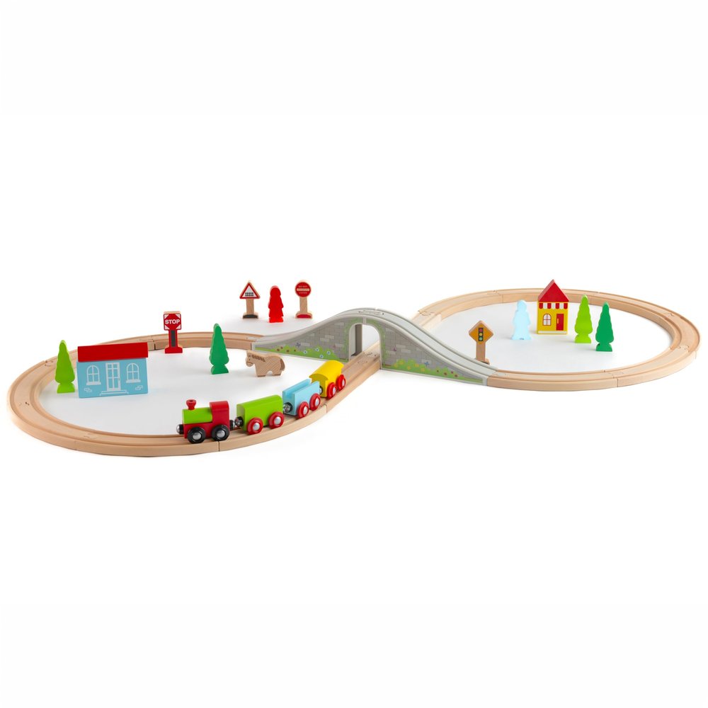 Jasey's Toy Chest 33-Piece Wooden Little Town Train Adventure Set | Interlocking Tracks, Bridge, & Town Accessories | Compatible with Other Wooden Train Sets | for Toddlers Ages 3+