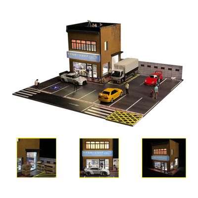 1/64 Scale Shop Building Scene Model with LED Lighting and Parking Area Two Story Industrial Miniature Street Diorama DIY Customizable & Expandable Model Car (Cars & Figures Not Included)