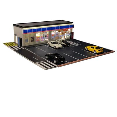 1/64 Scale Convenience Store Building Scene Model with LED Lighting and Parking Area Miniature Street Diorama DIY Customizable & Expandable Model Car (Cars & Figures Not Included)