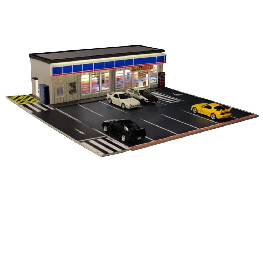 1/64 Scale Convenience Store Building Scene Model with LED Lighting and Parking Area Miniature Street Diorama DIY Customizable & Expandable Model Car (Cars & Figures Not Included)