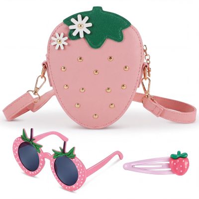 Halfchet 3 Pcs Strawberry Purse for Girls Strawberry Accessories Set Included Fruit Shaped with Rivets Sunglasses Hair Clip Birthday Gifts for Women Stuffs Fruit Accessories (Pink)
