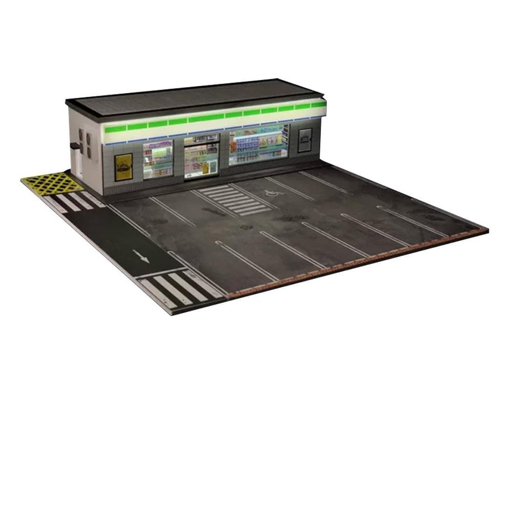 1/64 Scale Convenience Store Miniature Diorama Building Scene Model with LED Lighting and Parking Area DIY Customizable & Expandable Model Car (Cars & Figures Not Included)