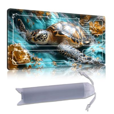 DISUOFEART Playmat for MTG & Magic: The Gathering with Zones, 28x16 inch Non-Slip TCG Game Mat for Commander, Golden Sea Turtle in Turquoise Waters Card Game Table Mat