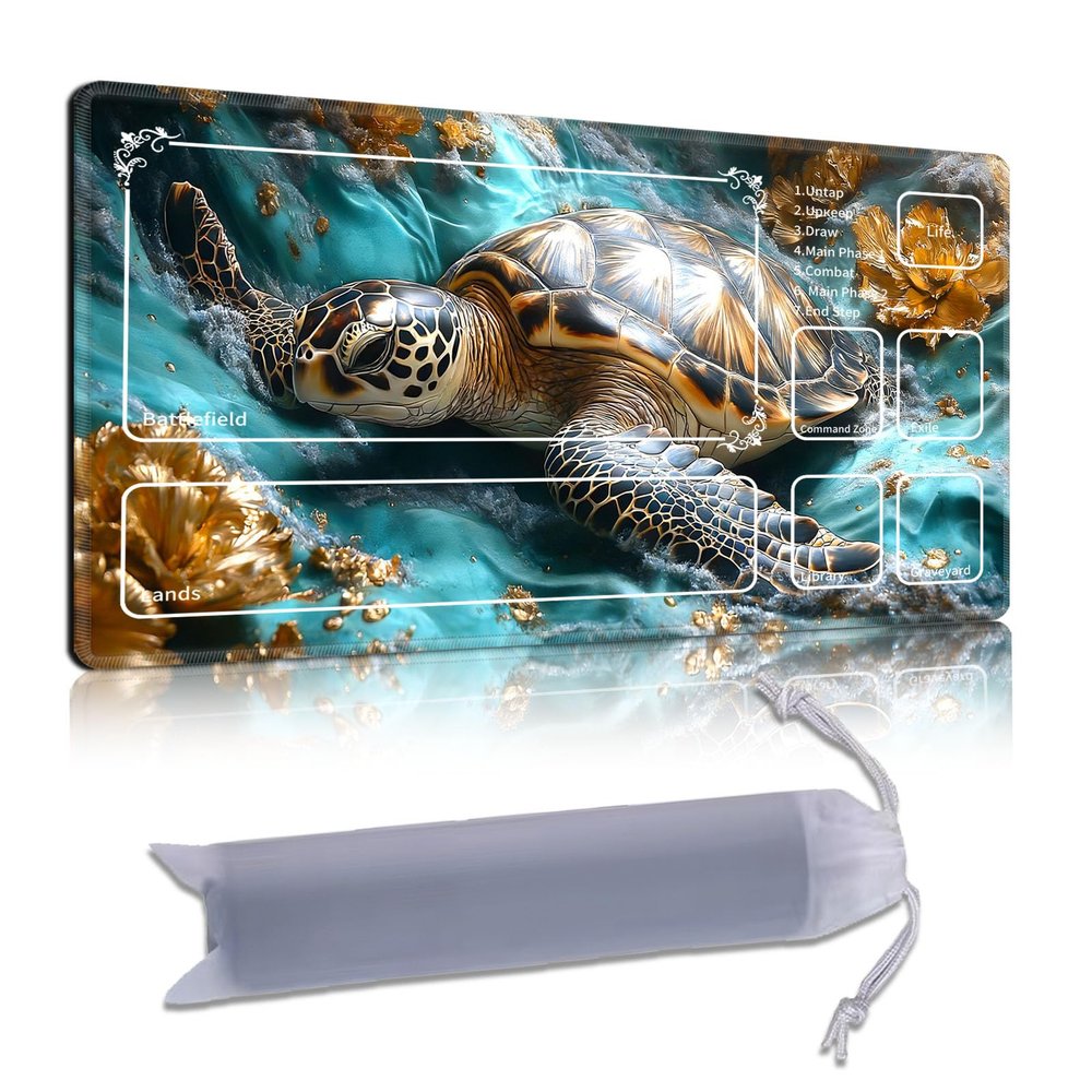 DISUOFEART Playmat for MTG & Magic: The Gathering with Zones, 28x16 inch Non-Slip TCG Game Mat for Commander, Golden Sea Turtle in Turquoise Waters Card Game Table Mat