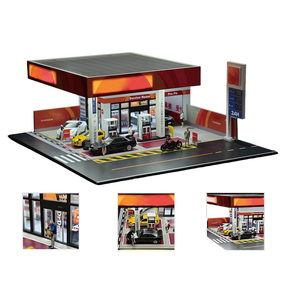 1/64 Scale Shell Gas Station Diorama Display for Adults, Miniature Building Scene Model with LED Lights, DIY Customizable & Expandable Model Car (Cars & Figures Not Included)