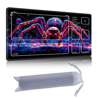DISUOFEART Playmat for MTG & Magic: The Gathering with Zones, 28x16 inch Non-Slip TCG Game Mat for Commander, Giant Red Spider in Neon City Card Game Table Mat