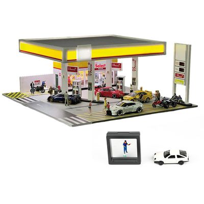 1/64 Scale Shell Gas Station Diorama Display for Adults, Miniature Building Scene Model with LED Lights, DIY Customizable & Expandable Model Car (Cars & Figures Not Included)