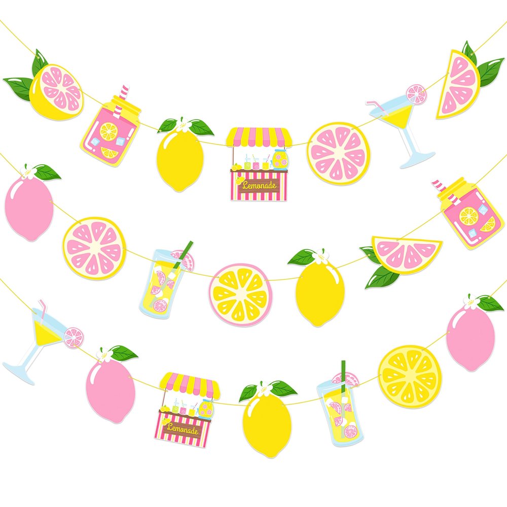 2pcs Pink Lemonade Party Banners Lemon Citrus Garland, Summer Fruit Lemonade Stand Bunting for Lemonade Themed Birthday Baby Shower Pool Party Summer BBQ Home Decor