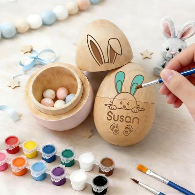 Custom Musical Easter Egg Shaker 2026, Hollow Fillable Wooden Easter Basket Stuffer, Personalized First Easter Gift for Boys Girls, Easter Home Decor (Painted Wooden Eggs)