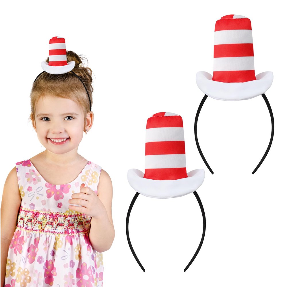 2 Pcs Cat Headband with Red and White Striped Hat Dr Suess Hat The Book Character Costume 100 Days of School Costume for Girls Women Men Halloween Cute Headwear Halloween Party Cosplay Accessories