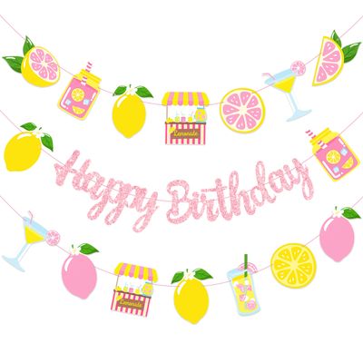 3cps Pink Lemonade Happy Birthday Banner Set Glitter Birthday Garland with Lemon Citrus Bunting, Summer Fruit Lemonade Stand Party Decorations for Girls Birthday Pool Party Baby Shower Supplies