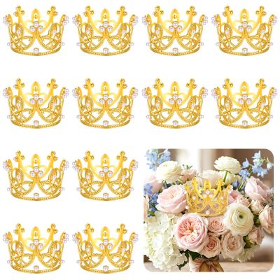 12PCS Mini Crown Cake Topper, Pearl Tiara, Gold Princess Crown, Tiny Queen Tiara Cupcake Topper for Flower Bouquets, Wedding, Birthday, Baby Shower, Party Decor, Bridal, Royal Themed Decor