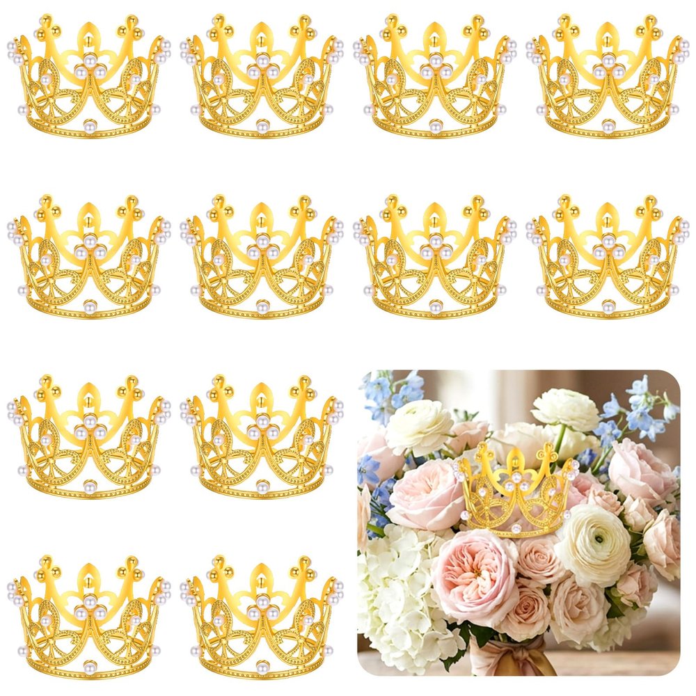 12PCS Mini Crown Cake Topper, Pearl Tiara, Gold Princess Crown, Tiny Queen Tiara Cupcake Topper for Flower Bouquets, Wedding, Birthday, Baby Shower, Party Decor, Bridal, Royal Themed Decor