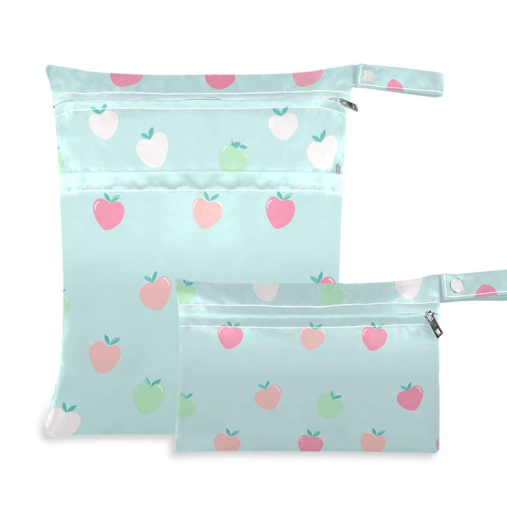 Yoogain mess-proof gym clothes bag 2 Pack wet bag for swimsuit with handles for baby diapers (fruit Heartshaped Pastel Blue)