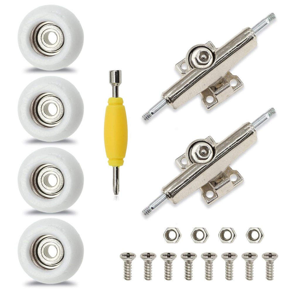 Ylutex 7 Pieces POM Round White Fingerboard-Wheels Size 7.3mm*4.5mm Tool Set with 1 Screwdrivers 2 Alloy axles
