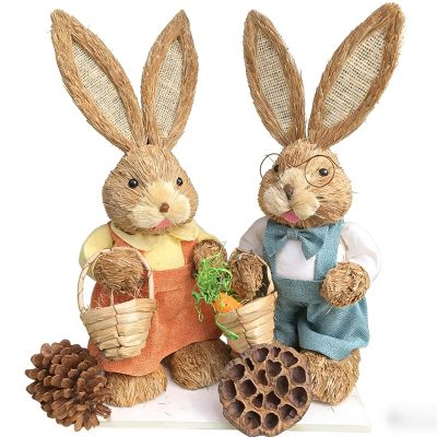 2 PCS Easter Bunny Statue, Handmade Straw Bunny Figurine, Standing Straw Rabbit, Cute Rabbit Photo Props Gifts for Office Kitchen Spring Home Decor (#C)