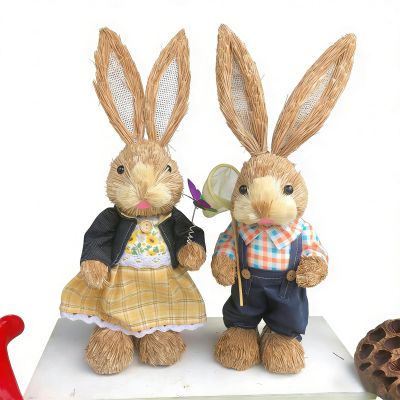 2 PCS Easter Bunny Statue, Handmade Straw Bunny Figurine, Standing Straw Rabbit, Cute Rabbit Photo Props Gifts for Office Kitchen Spring Home Decor (#B)