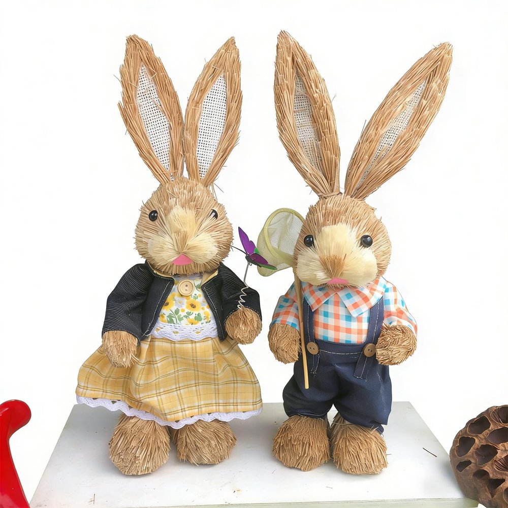 2 PCS Easter Bunny Statue, Handmade Straw Bunny Figurine, Standing Straw Rabbit, Cute Rabbit Photo Props Gifts for Office Kitchen Spring Home Decor (#B)