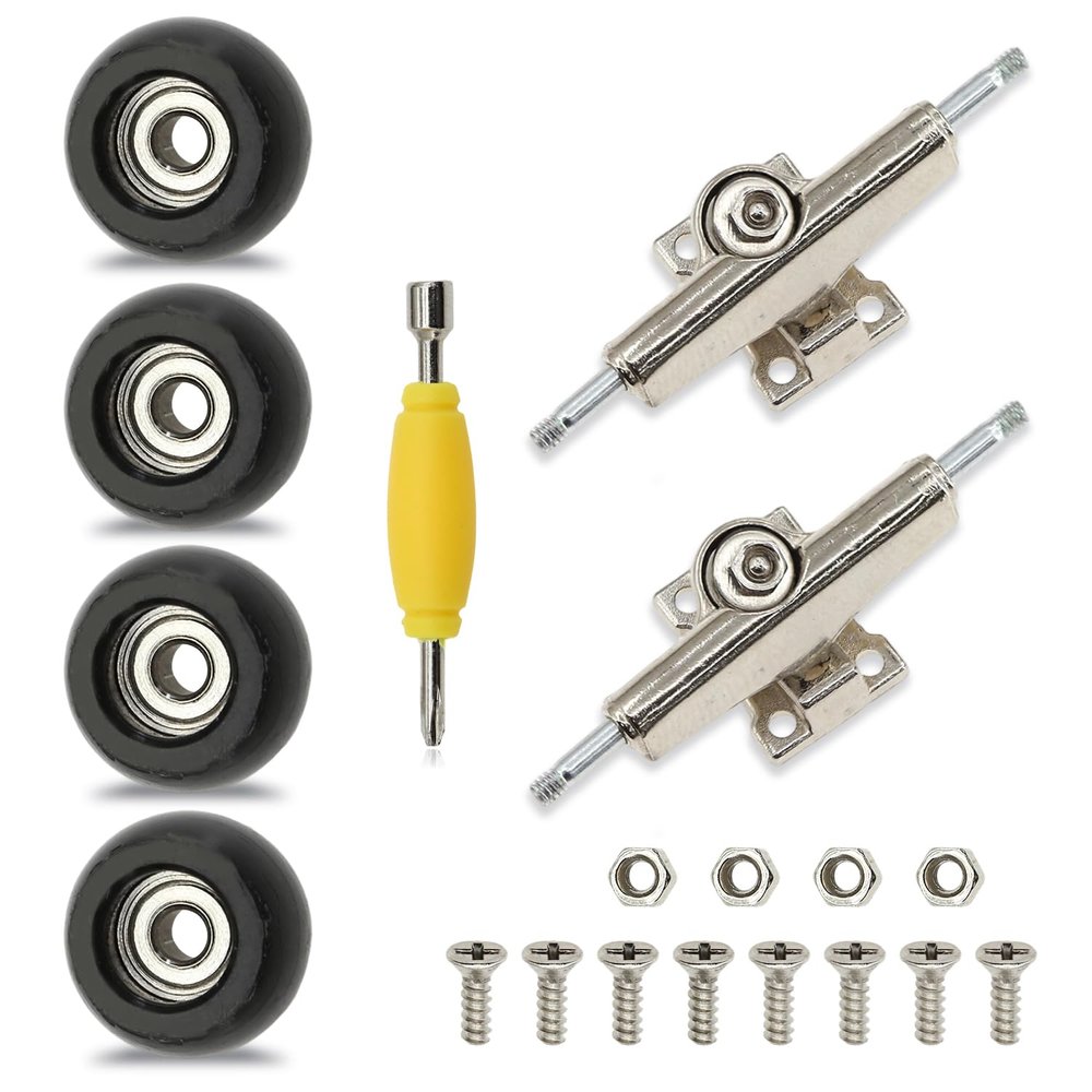 Ylutex 7 Pieces POM Round Black Fingerboard-Wheels Size 7.3mm*4.5mm Tool Set with 1 Screwdrivers 2 Alloy axles