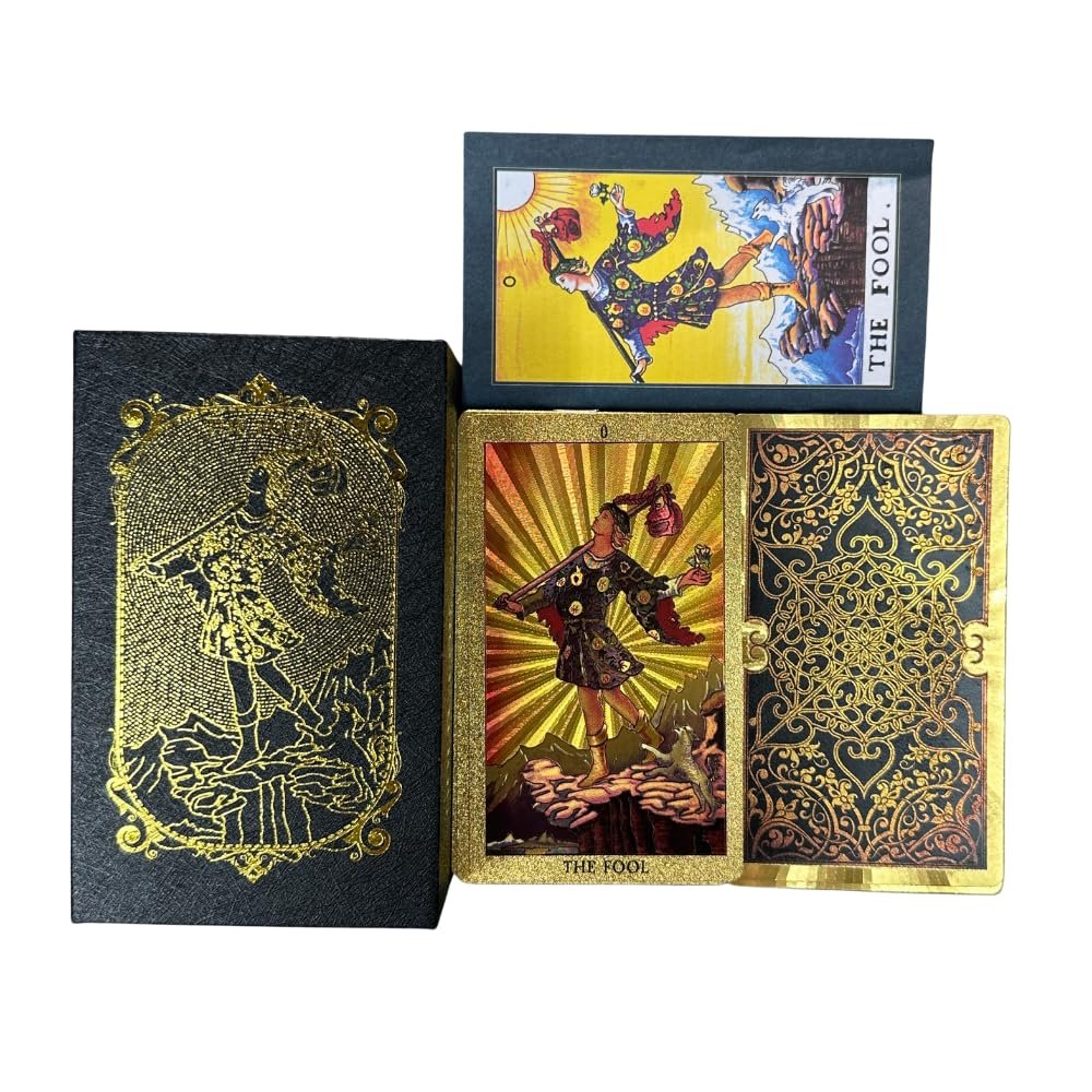 Six Hearts Gold Foil Tarot Cards Deck Rider-Waite Style 78 Card Classic Tarot Set with Guidebook, Premium PVC Waterproof Durable Material for Beginners & Professionals