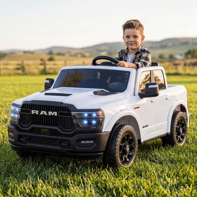 24V Ride on Car for Big Kids Licensed RAM 2500, 24v Ride on Truck w/Remote Control, Toddler Ride on Toys w/Bluetooth, Spacious Truck Bed, 3 Speed, LED Lights, Suspension, Gifts for Boys Girls, White