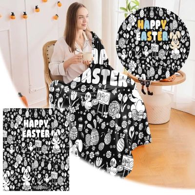 50x58 Inch Easter DIY Coloring Blanket with Markers, Easter Eggs Blanket with Patterns of Rabbits/Eggs/Sheep, Washable Personalized Coloring DIY Blankets for Adults Home Playing (Black#A)