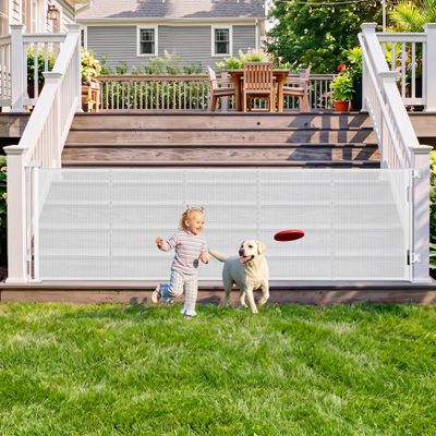 108" Wide Weatherproof Outdoor Retractable Baby Gates Extra Wide with Rust-Proof Stainless Steel Hardware& Waterproof Mesh, Reinforced 9 Ft Extra Long Retractable Dog Gate to Prevent Crawling Through