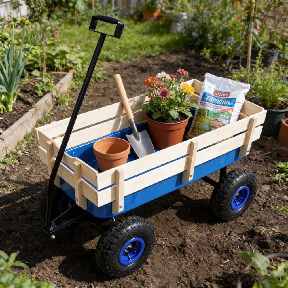 (Local Shipping Outdoor Sport Wagon Utility Cart with Wooden Side Panels & Air Tires, Heavy Duty 176LBS Capacity (Blue, Steel)