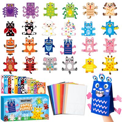 WATINC Paper Hand Puppet Making Kit - 24 Characters Paper Craft Kit with DIY Unicorn, Monsters & Animals, Art Project for Storytelling Role Play, Party Favor & Gift