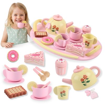 Wooden Tea Party Set for Girls, 16 Pcs Pink Pretend Play Tea Set