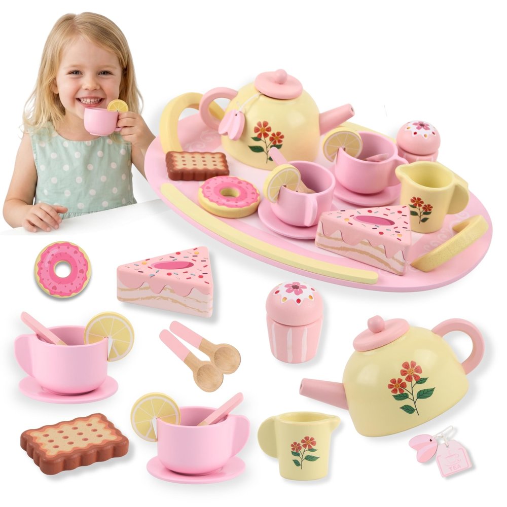 Wooden Tea Party Set for Girls, 16 Pcs Pink Pretend Play Tea Set