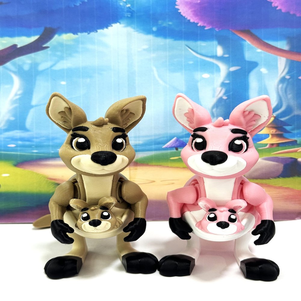 2pcs Cute Articulated 3D Printed Kangaroo with Removable Joey, Kicking Kangaroo Fidget Animal 4 Inches Wild Animal Fidget Toy AKANGAROO-2X