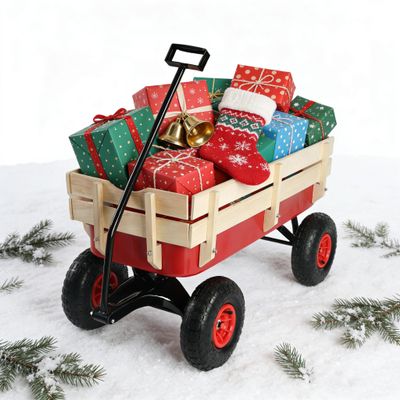 (Local Shipping Outdoor Sport Wagon Utility Cart with Wooden Side Panels & Air Tires, Heavy Duty 176LBS Capacity (Red1, Metal)