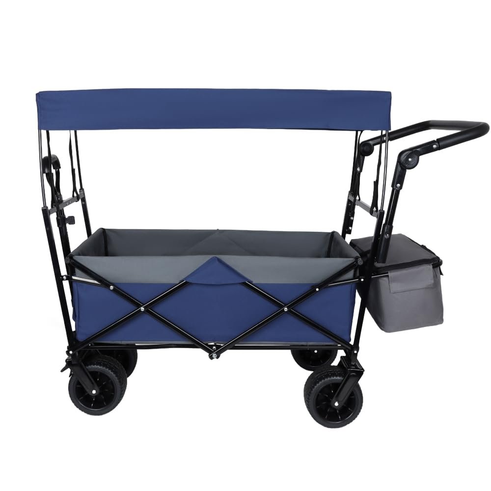 Heavy-Duty Collapsible Wagon with Push Handle, All-Terrain Wheels, and Canopy for Outdoor Transport, Camping, Gardening, and Shopping (Dark Blue + Steel)
