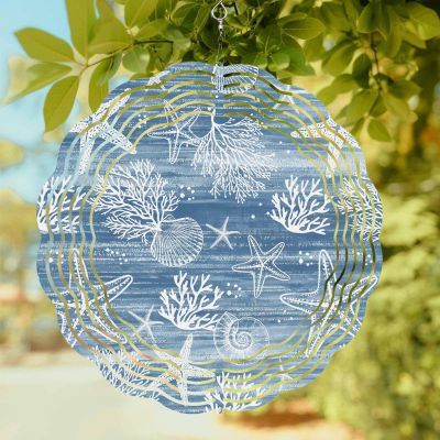 Wind Spinners for Yard Garden, Vintage Sea Star Shell Coral 3D Stainless Steel Round Hanging Spinners Indoor Outdoor Kinetic Yard Art,10 Inch, Summer Marine Life