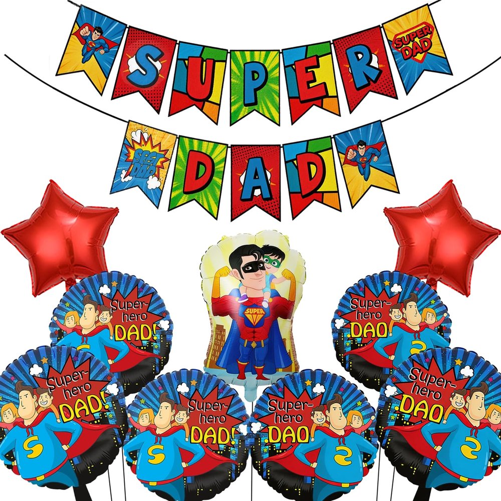 10PCS Fathers Day Super Dad Balloons Kit Fathers Day Balloons Happy fathers day Banner Super Dad Decorations Happy fathers day Decorations for Party 26 Inch Super Hero Balloon