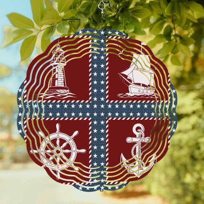 Wind Spinners for Yard Garden, Nautical Sailing Anchor Compass 3D Stainless Steel Round Hanging Spinners Indoor Outdoor Kinetic Yard Art,8 Inch, Lighthouse Star Blue Red