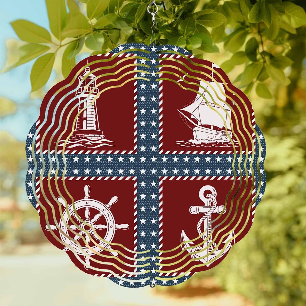 Wind Spinners for Yard Garden, Nautical Sailing Anchor Compass 3D Stainless Steel Round Hanging Spinners Indoor Outdoor Kinetic Yard Art,8 Inch, Lighthouse Star Blue Red