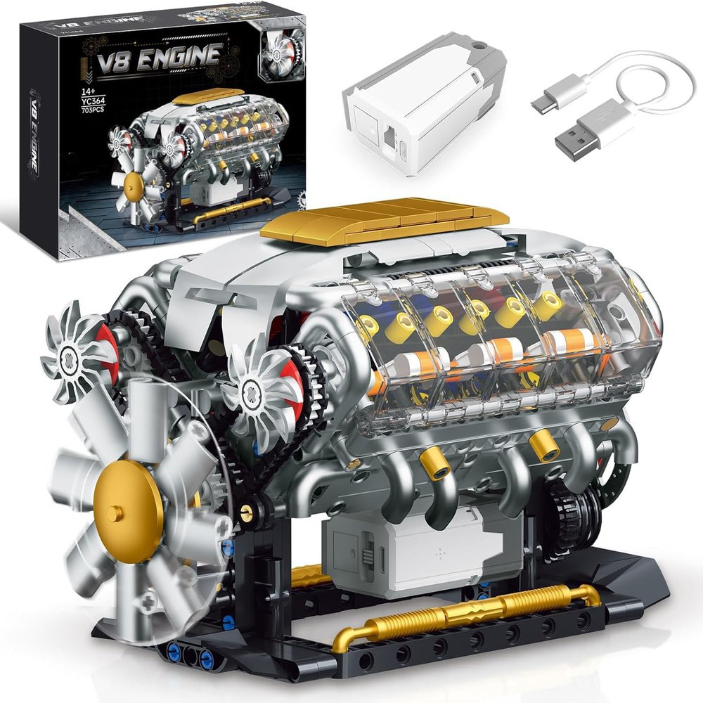 AERFGDE V8 Engine Model Kit That Runs, Build Your Own Mini Visible Car Motor, Physical Science Experiment Building Set for Adults & Teens, STEM Toy Gift Building Blocks Set for 14+, 692Pcs