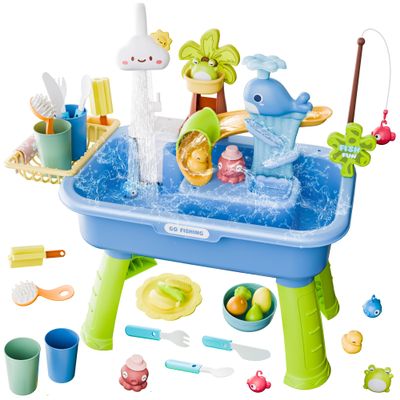 MeXYZ 2026 Upgraded Water Table for Toddlers 1-3, Kids Mini Play Sink Toys with Running Water & Electric Pump, Kitchen Sink Sensory Toy, Fishing Game Outdoor Water Play Table for Kids Ages 4-8, Blue
