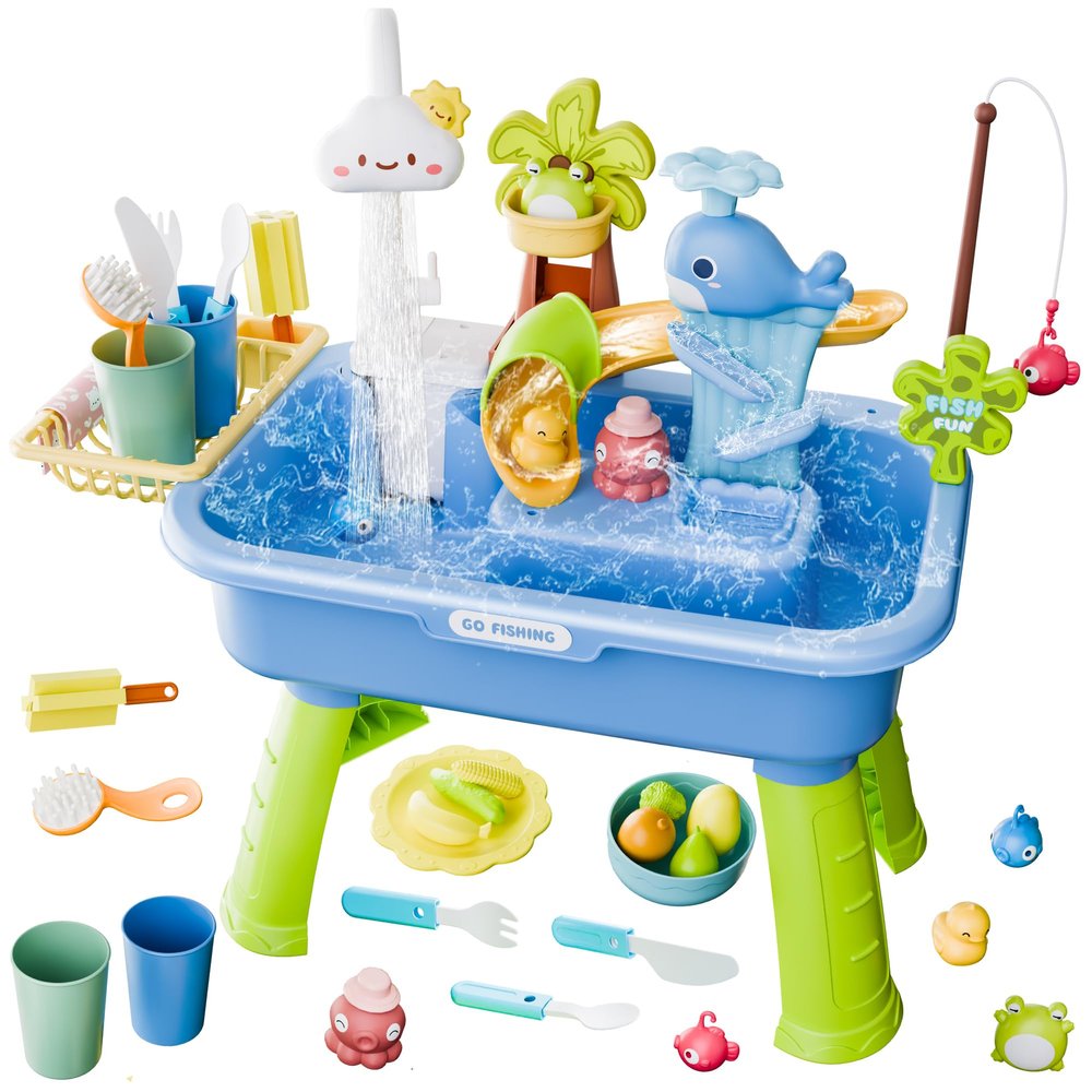 MeXYZ 2026 Upgraded Water Table for Toddlers 1-3, Kids Mini Play Sink Toys with Running Water & Electric Pump, Kitchen Sink Sensory Toy, Fishing Game Outdoor Water Play Table for Kids Ages 4-8, Blue