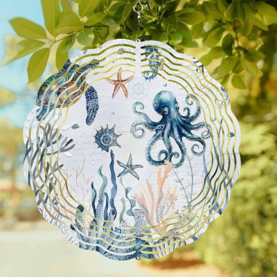 Wind Spinners for Yard Garden, Marine Life Sea Turtles Eight-Clawed Fish 3D Stainless Steel Round Hanging Spinners Indoor Outdoor Kinetic Yard Art,8 Inch, Fish Corals