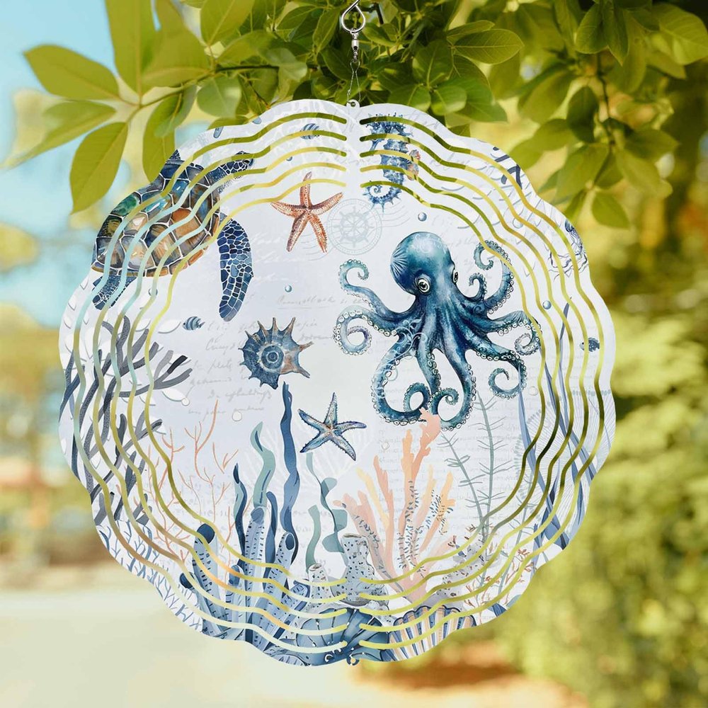 Wind Spinners for Yard Garden, Marine Life Sea Turtles Eight-Clawed Fish 3D Stainless Steel Round Hanging Spinners Indoor Outdoor Kinetic Yard Art,8 Inch, Fish Corals